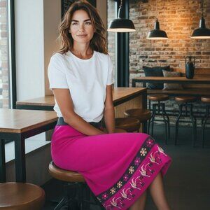 Vintage Unbranded Pink Knit Pencil Skirt Midi Printed Hemline Small Medium Artsy